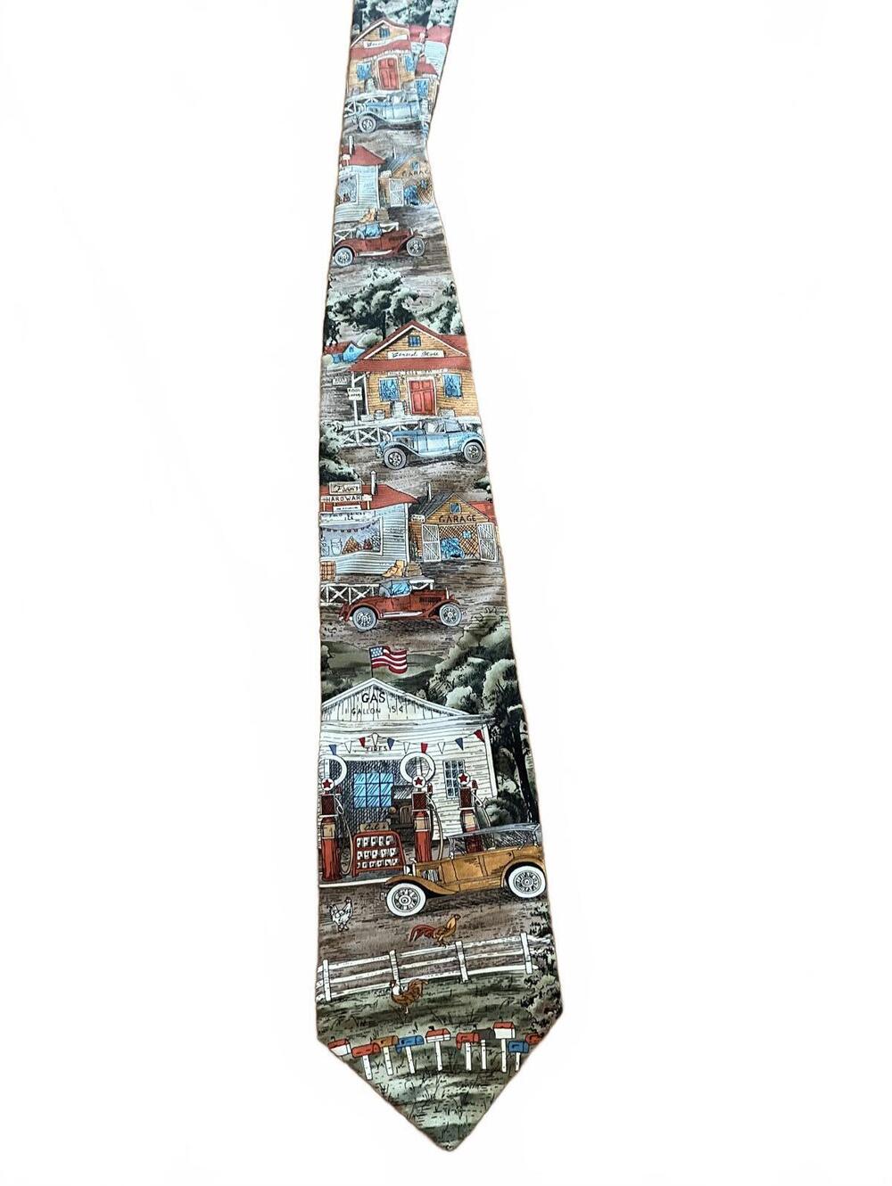 Vintage Silk Necktie Filling Station Scene
